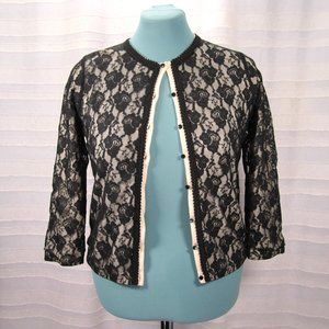 Anthropologie Odille Black Lace Over Nude 3/4 Sleeve Cotton Cardigan - M